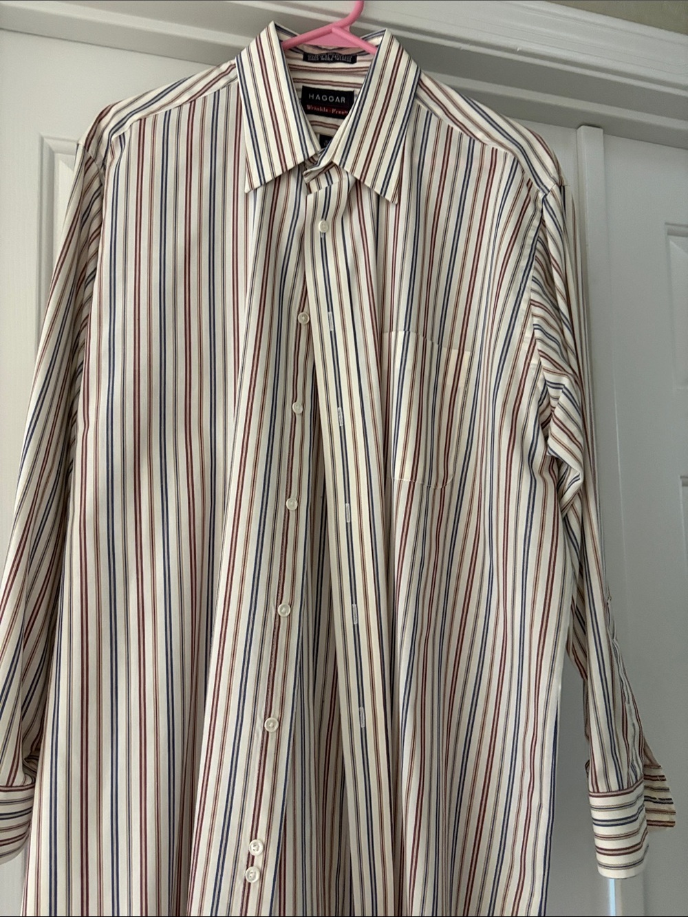 Haggar Cream Dress Shirt with Blue and Red Stripes